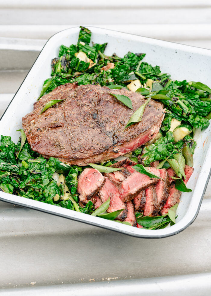 Beef Steaks w/ Curry Leaves + Grilled Onion Kale Salad