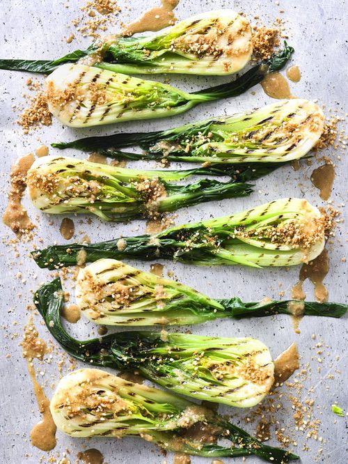 Baby bok choi with warm miso and ginger dressing