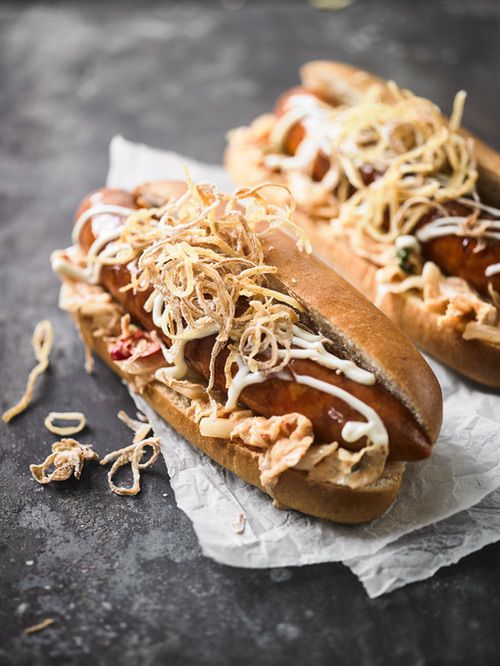 Ultimate hot dog with crispy shoe string potatoes